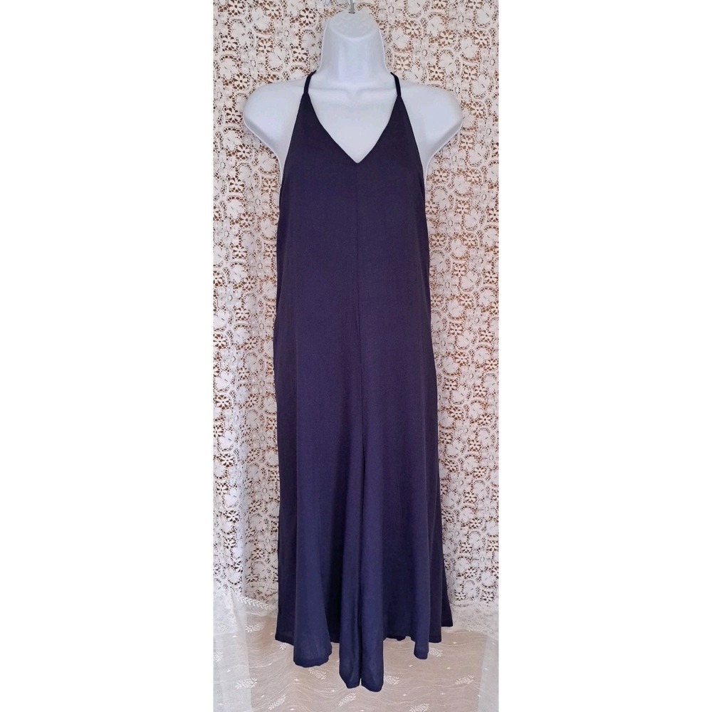 Womens Romper Size XL Blue Strappy Pockets Midi Length Rayon Beachy Boho One Pc